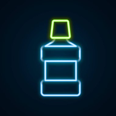 Parlayan neon hattı ağız gargarası plastik şişe ikonu siyah arka planda izole edilmiş. Ağzını çalkalamak için sıvı. Ağız bakım ekipmanları. Renkli taslak konsepti. Vektör