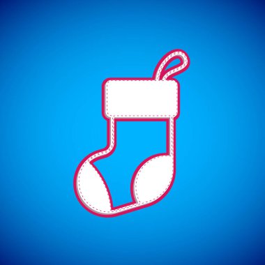 Mavi arka planda beyaz Noel çorap ikonu izole edildi. Mutlu Noeller ve mutlu yıllar. Vektör