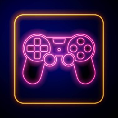 Siyah arkaplanda izole edilmiş oyun konsolu simgesi için parlayan neon oyun denetleyici veya joystick. Vektör