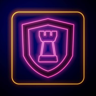 Parlayan neon satranç kalkanı simgesi siyah arkaplanda izole edildi. İş stratejisi. Oyun, yönetim, finans. Vektör