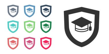 Beyaz arka planda siyah mezuniyet şapkası ve kalkan simgesi var. Sigorta konsepti. Güvenlik, güvenlik, koruma, konsept koruma. Simgeleri renklendirin. Vektör