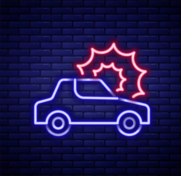 Glowing Neon Line Ikon Asuransi Mobil Terisolasi Dinding Bata Latar - Stok Vektor