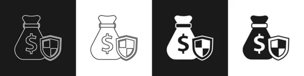 Set Geldbeutel Mit Schildsymbol Isoliert Auf Schwarzem Und Weißem Hintergrund — Stockvektor