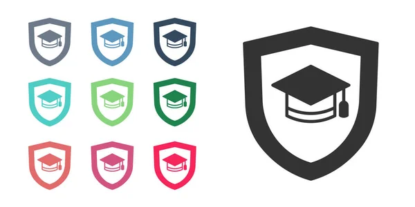 Black Graduation Cap Shield Icon Isolated White Background Insurance Concept — Stock Vector