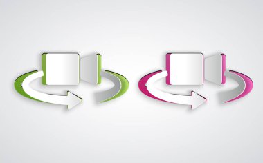 Kağıt kesiği, gri arkaplanda 360 derecelik görüntü simgesi izole edilmiş. Sanal gerçeklik. 360 derecelik açıyla. Panorama fotoğrafı. Kağıt sanatı tarzı. Vektör