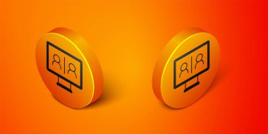 Isometric Video sohbet konferansı ikonu turuncu arkaplanda izole edildi. Çevrimiçi iş görüşmesi formu. Uzak proje yönetimi. Turuncu daire düğmesi. Vektör