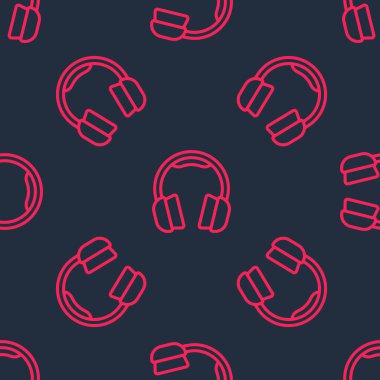 Kırmızı çizgi kulaklık simgesi siyah arka planda izole edilmiş kusursuz desen. Kulaklıklar. Müzik, hizmet, iletişim ve operatör konsepti. Vektör