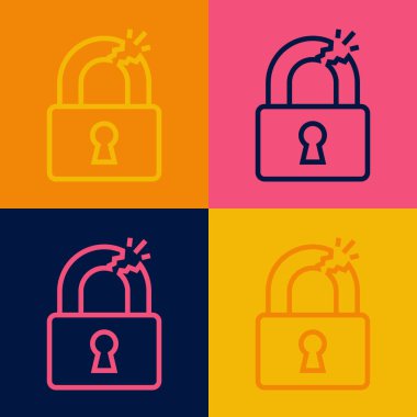 Pop sanat çizgisi kırılmış ya da kırılmış kilit simgesi renk arkaplanında izole edilmiş. Kilidi aç işareti. Vektör