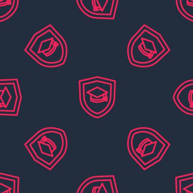 Kalkan simgesi olan kırmızı çizgi mezuniyet şapkası siyah arkaplanda izole edilmiş kusursuz desen. Sigorta konsepti. Güvenlik, güvenlik, koruma, konsept koruma. Vektör