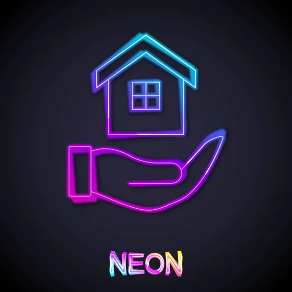 Gloeiende Neon Lijn Huis Hand Pictogram Geïsoleerd Zwarte Achtergrond Verzekeringsconcept — Stockvector