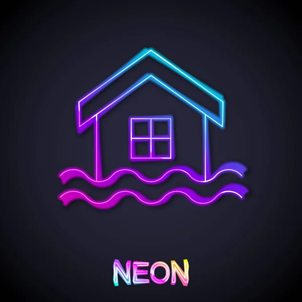Gloeiende Neon Lijn Huis Vloed Pictogram Geïsoleerd Zwarte Achtergrond Huisoverstroming — Stockvector