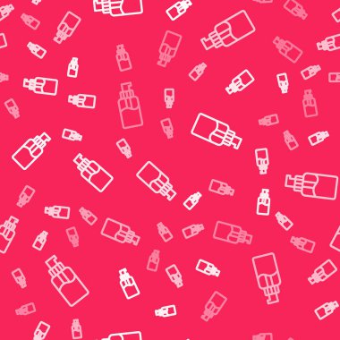 Beyaz çizgi, kırmızı arkaplanda izole edilmiş şeker ikonlu sıvı antibakteriyel sabun. Dezenfeksiyon, hijyen, cilt bakımı. Vektör