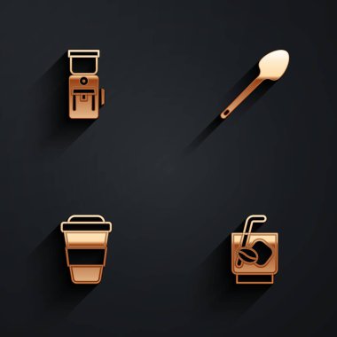 Elektrikli kahve öğütücüsünü, çay kaşığını, kahve fincanını ve uzun gölgeli Espresso ikonunu hazırla. Vektör