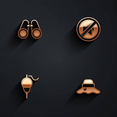 Dürbünü, hoparlörü, balıkçı şamandırasını ve uzun gölgeli balıkçı şapkası ikonunu ayarla. Vektör