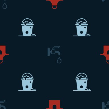 Mutfak önlüğü, su musluğu ve kovayı köpüklü ve köpüksüz desenli hazırla. Vektör