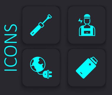 Bataryayı, tornavidayı, elektrikçiyi ve küresel enerji gezegenini tapa ikonuyla ayarla. Siyah kare düğme. Vektör