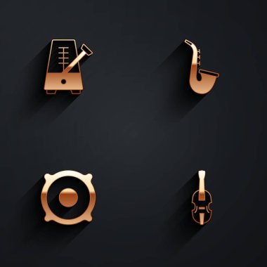 Metronome 'u sarkaç, Saksafon, Stereo hoparlörü ve uzun gölgeli keman ikonu ile ayarla. Vektör