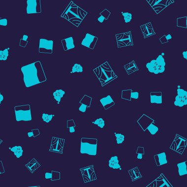 Yastık, Uykucu, Perdeli Pencere ve Masa Lambası 'nı kusursuz desenli ayarla. Vektör