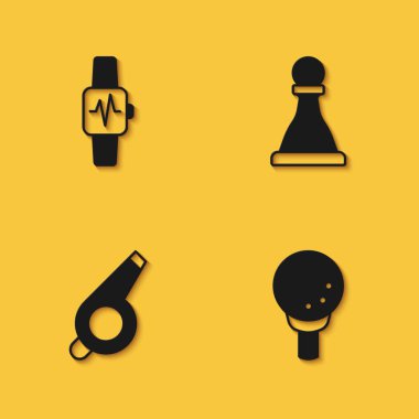 Akıllı saat, golf topu, ıslık ve uzun gölgeli satranç ikonu. Vektör