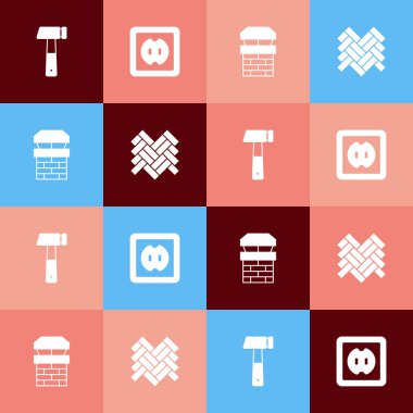 Pop Art Hammer, Electrical Outlet, Chimney ve Parquet ikonunu ayarla. Vektör