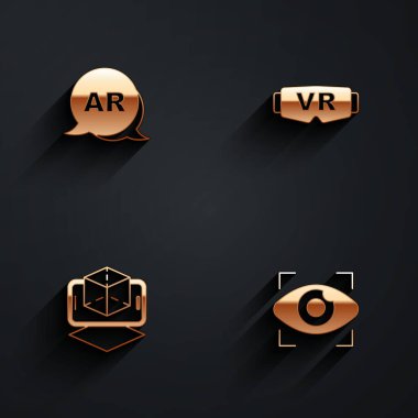 Artırılmış gerçeklik AR, Sanal gözlükler, 3D modelleme ve uzun gölgeli elektronik göz ikonu. Vektör