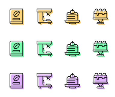 Sabit çizgi pasta, kahve kitabı, makine ve pasta ikonu. Vektör