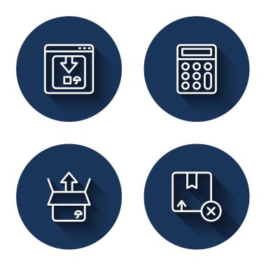 Online uygulama dağıtım takibi, hesap makinesi, Unbox ve uzun gölgeli mukavva ayarla. Mavi daire düğmesi. Vektör