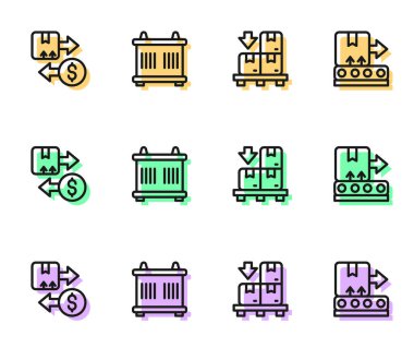 Karton kutuları palete, Vergi kartonuna, konteynıra ve konveyör kayışına ikon ile yerleştir. Vektör