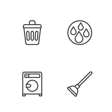 Lastik pompa, çamaşır makinesi, çöp tenekesi ve su atma ikonunu ayarla. Vektör