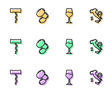 Şarap kadehi, tirbuşon, zeytin ve İtalya haritası. Vektör