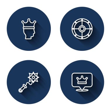 Kral tacı, yuvarlak kalkan, sivri uçlu ve uzun gölgeli topuz. Mavi daire düğmesi. Vektör