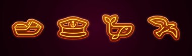 Jet ski, Kaptan şapkası, Balina ve Kuş martıları. Parlayan neon ikonu. Vektör