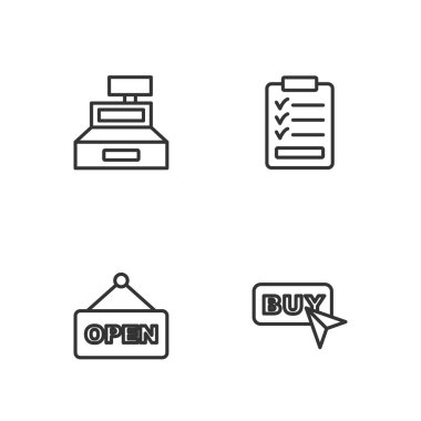 Satır Satın Alma düğmesi, metin Açık, yazar kasa makinesi ve pano kontrol listesi simgesi ile asılma işaretini ayarla. Vektör