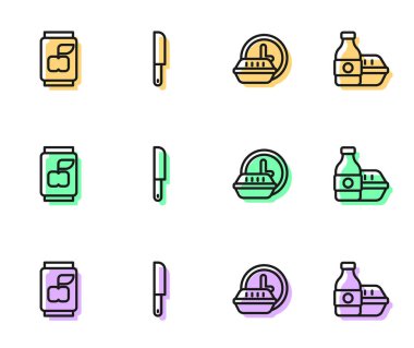 Saat başı hat kurun. Soda kutusu, bıçak ve internetten yemek ikonu sipariş edin. Vektör