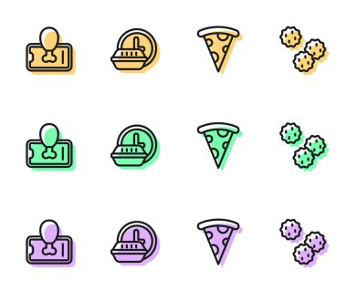 Dilimlenmiş pizza, cep telefonundan yemek siparişi, 24 saat teslimat ve kurabiye ikonu. Vektör