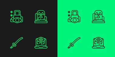 Hat görüşü, Katana, Siber Güvenlik ve Radyoaktif uyarı lambası ikonu ayarlayın. Vektör