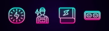 Şimşek hattını ayarla, elektrikçi, elektrik ve elektrik prizi hakkında kitap. Parlayan neon ikonu. Vektör