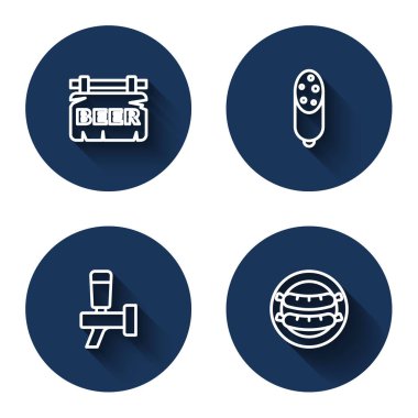 Bira, salam sosis, tap dansı ve uzun gölgeli sosis ile sokak tabelasını ayarlayın. Mavi daire düğmesi. Vektör