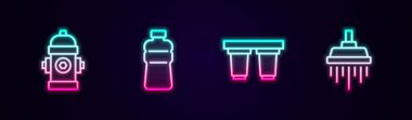 Yangın musluğu, bir şişe su, su filtresi kartuşu ve duş ayarlayın. Parlayan neon ikonu. Vektör