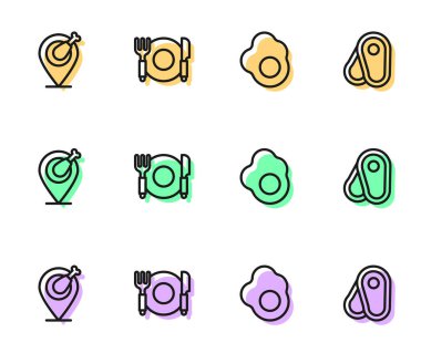 Sabit hat, çırpılmış yumurta, tavuk budu, tabak, çatal, bıçak ve biftek ikonu. Vektör