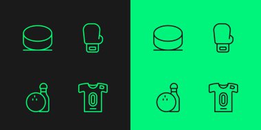 Futbol forması ve tişört, bowling broşu, hokey diski ve boks eldiveni. Vektör