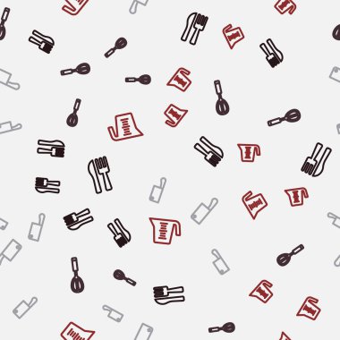 Çizgiyi aşan bıçak ve çatal, mutfak çırpısı, et helikopteri ve ölçü kabı kusursuz desenli. Vektör