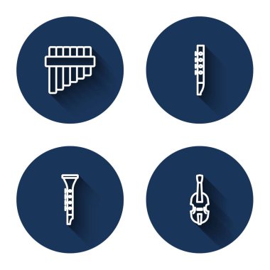 Uzun gölgeli Pan flüt, flüt, klarnet ve keman hattı kur. Mavi daire düğmesi. Vektör