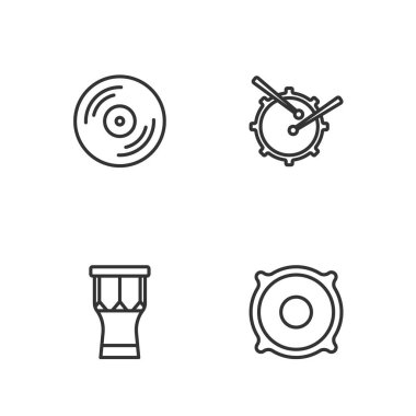 Stereo hoparlörü, Afrika perküsyon davulu, vinil disk ve çubuk ikonlu davul ayarlayın. Vektör