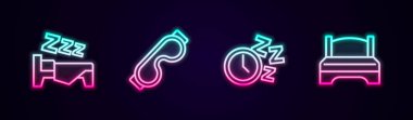 Yatma zamanı, göz maskesi, alarm saati ve büyük yatak. Parlayan neon ikonu. Vektör