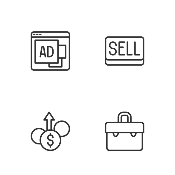 Set Line Briefcase Financial Growth Dollar Advertising Sell Button Icon — Stock Vector