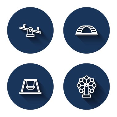 Tahterevalli, Maymun barı, çocuklar için salıncak ve uzun gölgeli dönme dolap. Mavi daire düğmesi. Vektör