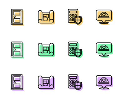 Hat güvenliği tuş takımı erişim paneli, kapalı kapı, ev planı ve işçi kaskı ikonu ayarlayın. Vektör