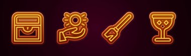 Sıraya dizilmiş antik hazine sandığı, elinde yükselen top, cadı süpürgesi ve ortaçağ kadehi. Parlayan neon ikonu. Vektör