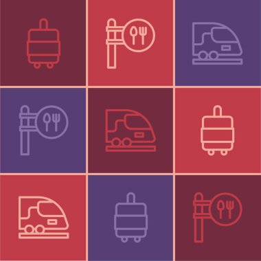 Bavul, yüksek hızlı tren, kafe ve restoran konumu ikonu. Vektör